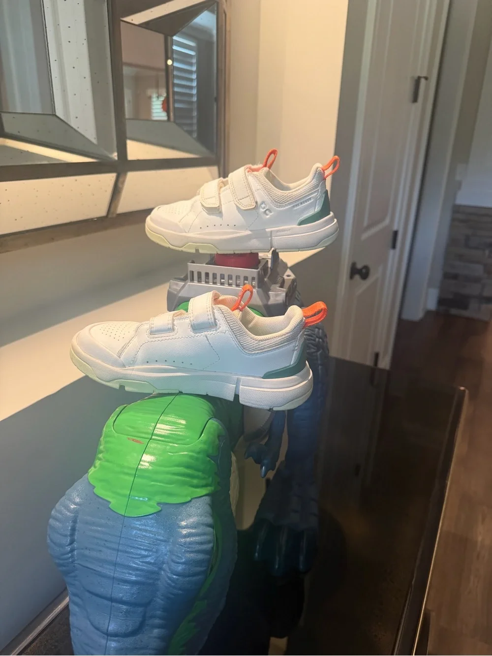 Kids White Sneakers with Teal and Orange Accents - Velcro Closure - Picture 3 of 4